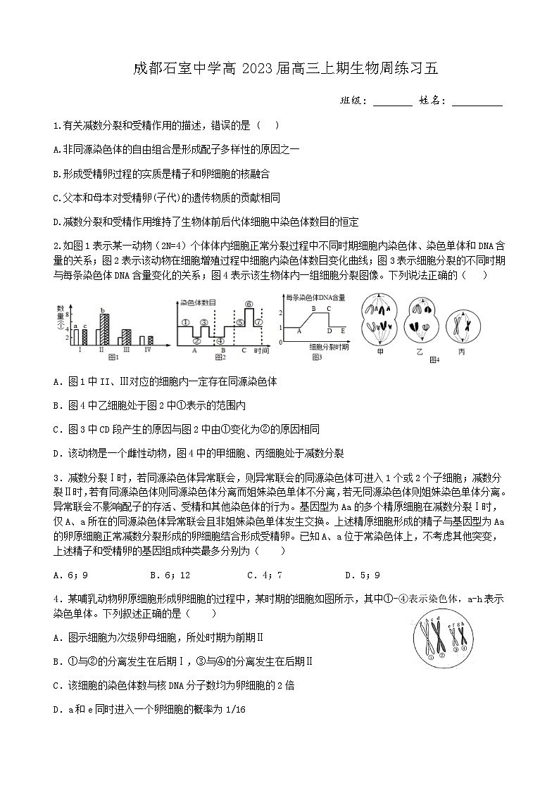 2022-2023学年四川省成都市石室中学高三上学期周练生物5含答案第1页