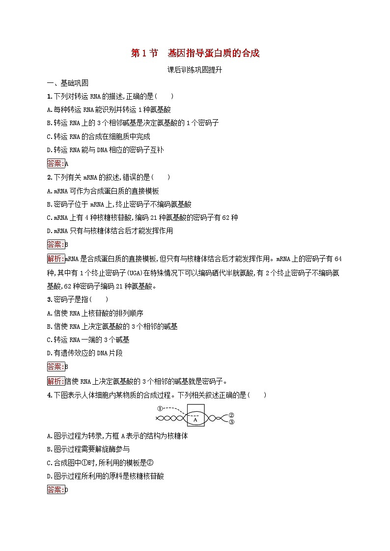 新教材适用2023年高中生物第4章基因的表达第1节基因指导蛋白质的合成课后习题新人教版必修2第1页
