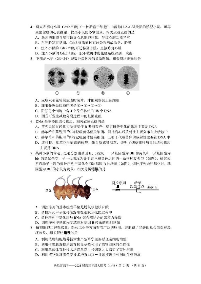 江苏省决胜新高考2022-2023学年高三下学期4月大联考生物试题第2页