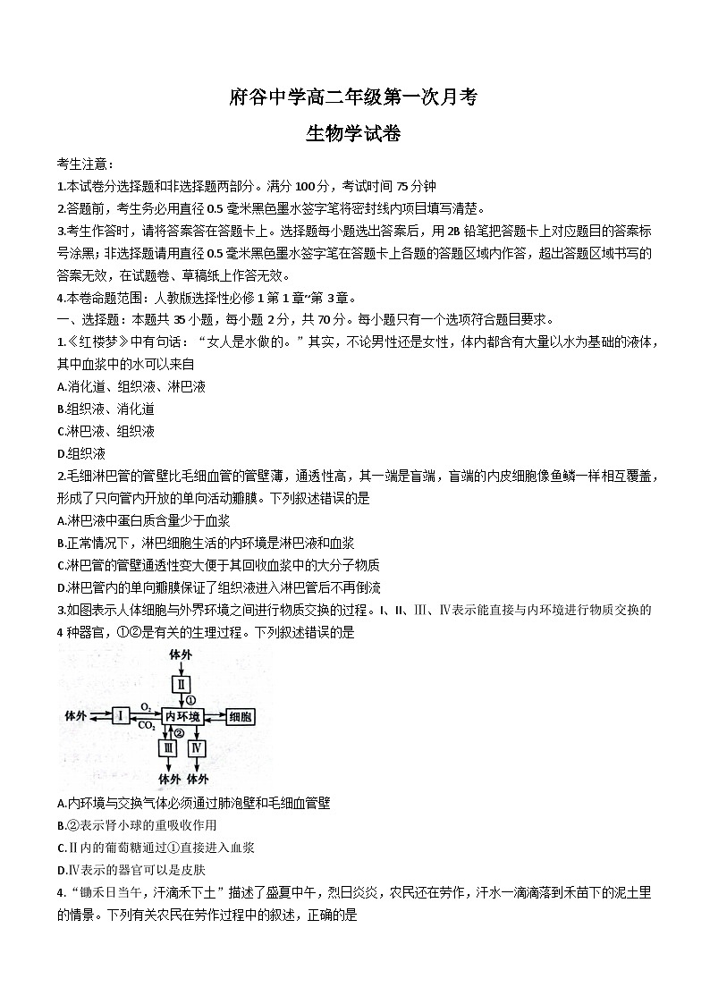陕西省榆林市府谷县府谷中学2023-2024学年高二9月月考生物试题(含答案)01