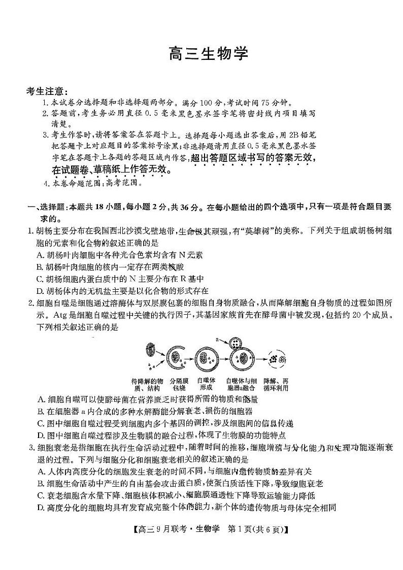 2024江西红色十校高三上学期9月联考生物试题PDF版无答案第1页