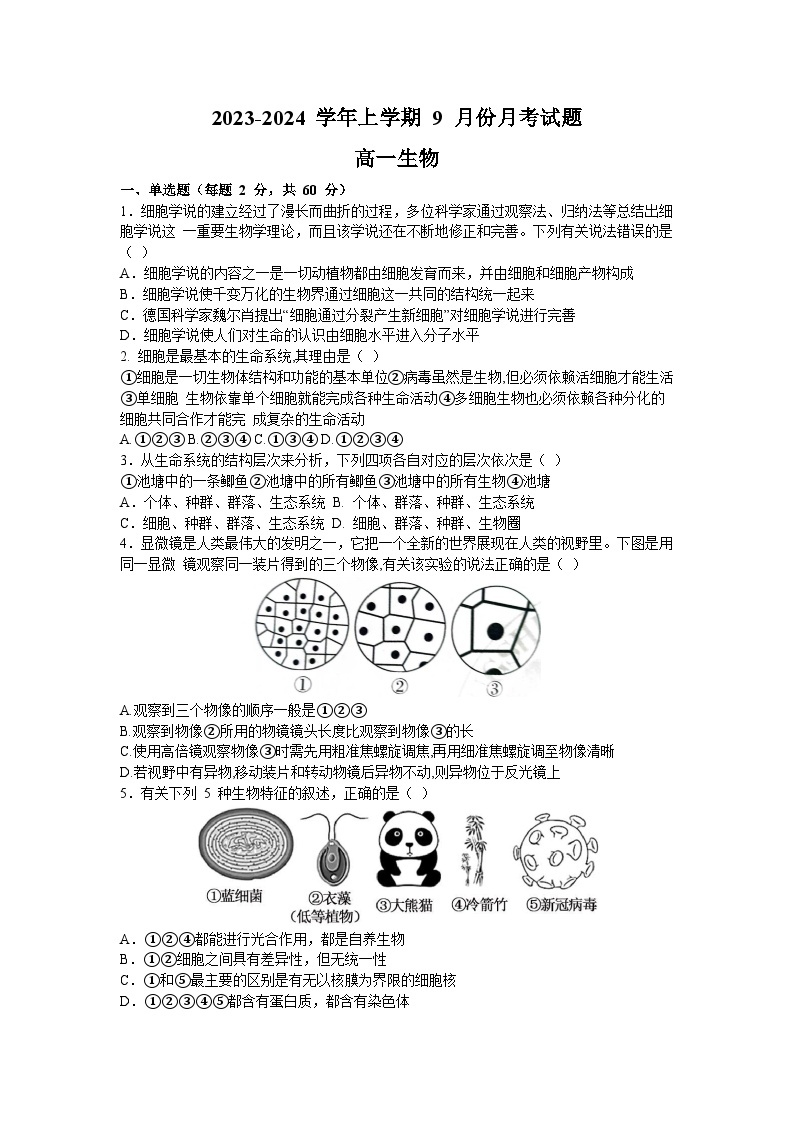 河南省郑州市上街区2023-2024学年高一上学期9月月考生物试题01