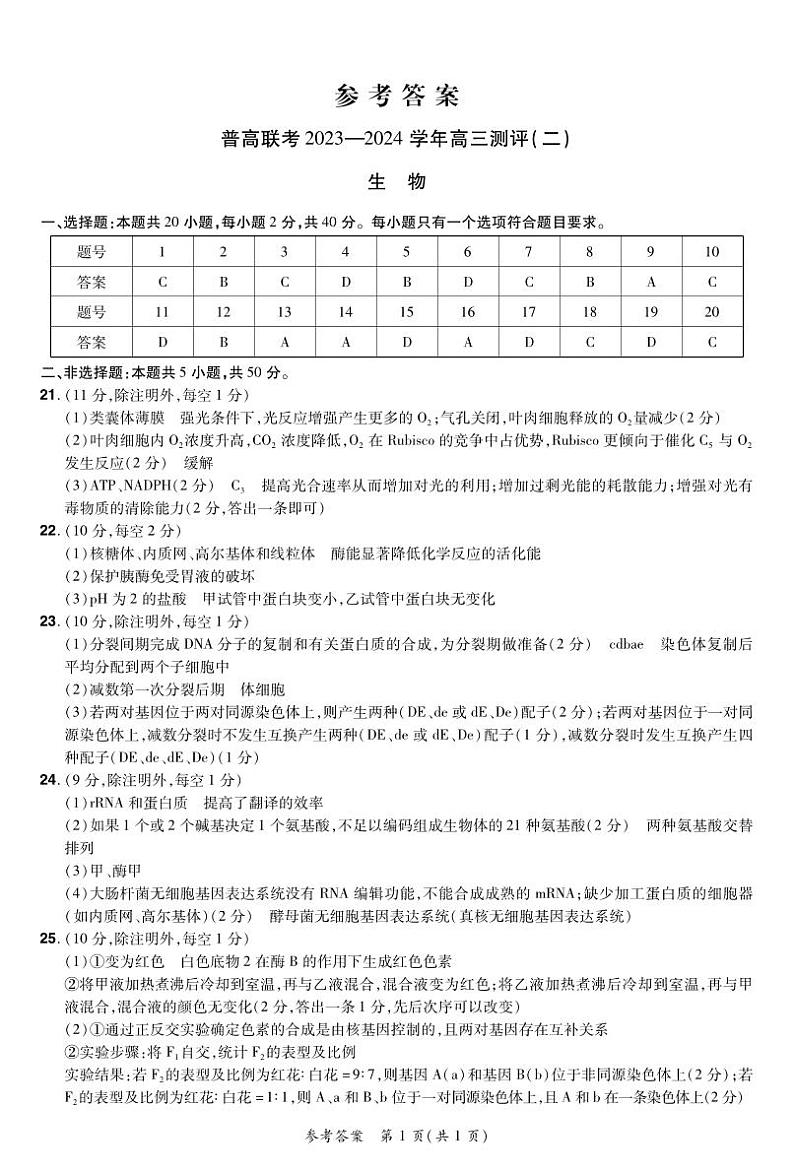 河南省普高联考2023-2024学年高三上学期测评(二)生物试题及答案01