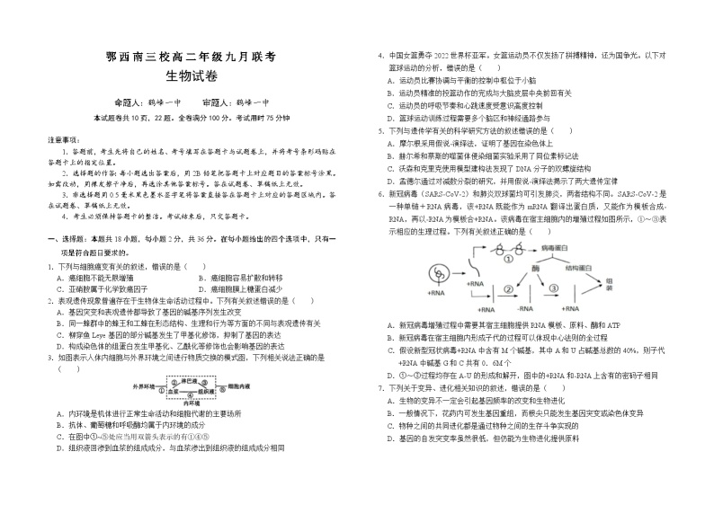 湖北省恩施鄂西南三校联盟2023-2024学年高二生物上学期9月月考试题（Word版附答案）01