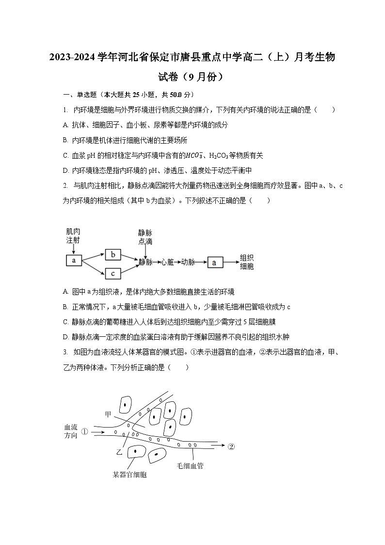 2023-2024学年河北省保定市唐县重点中学高二(上)月考生物试卷(9月份)(含解析)01