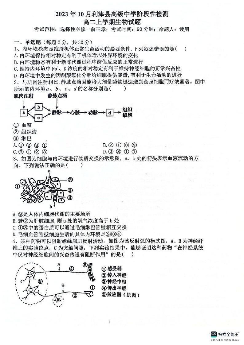 山东省利津县高级中学2023-2024学年高二上学期10月月考生物试题第1页