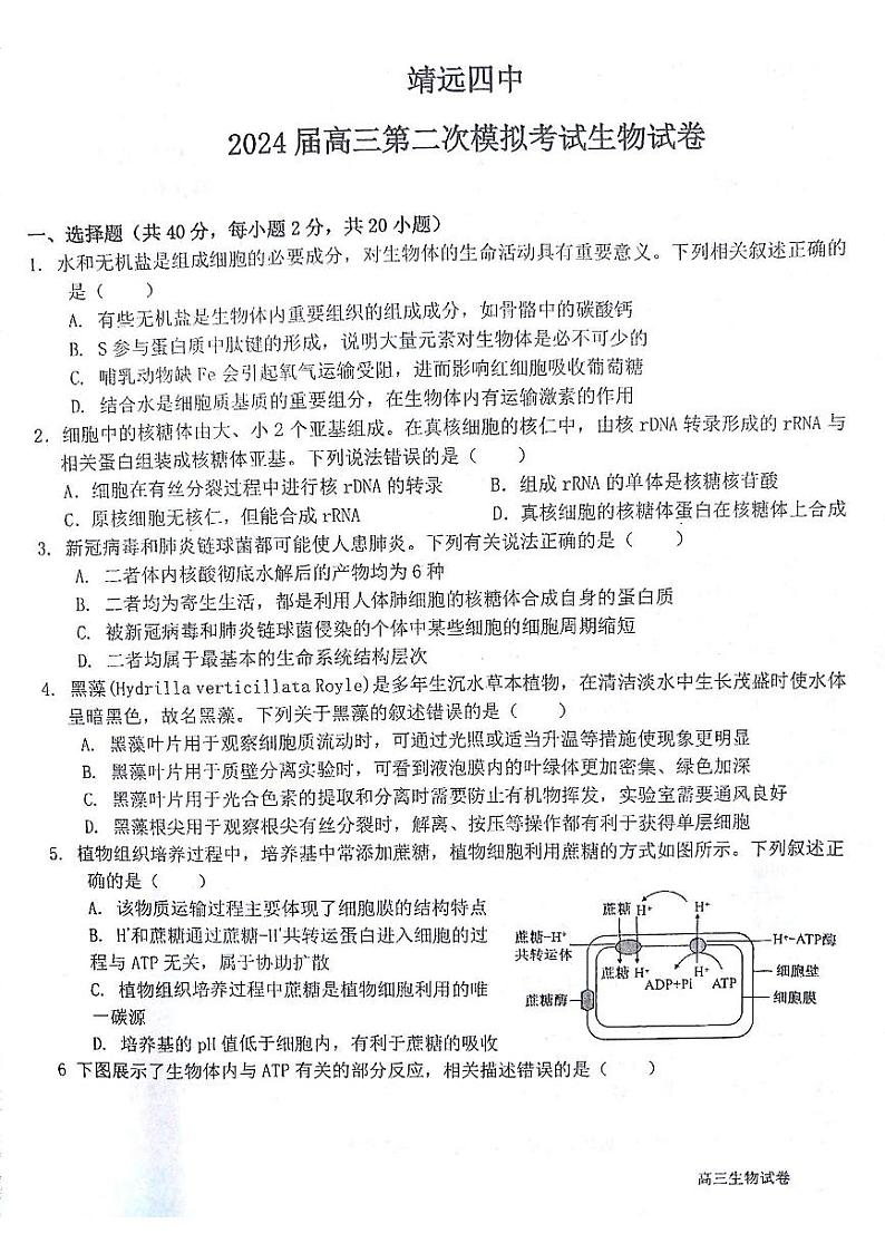 甘肃省白银市靖远县第四中学2023-2024学年高三上学期9月月考生物试题第1页