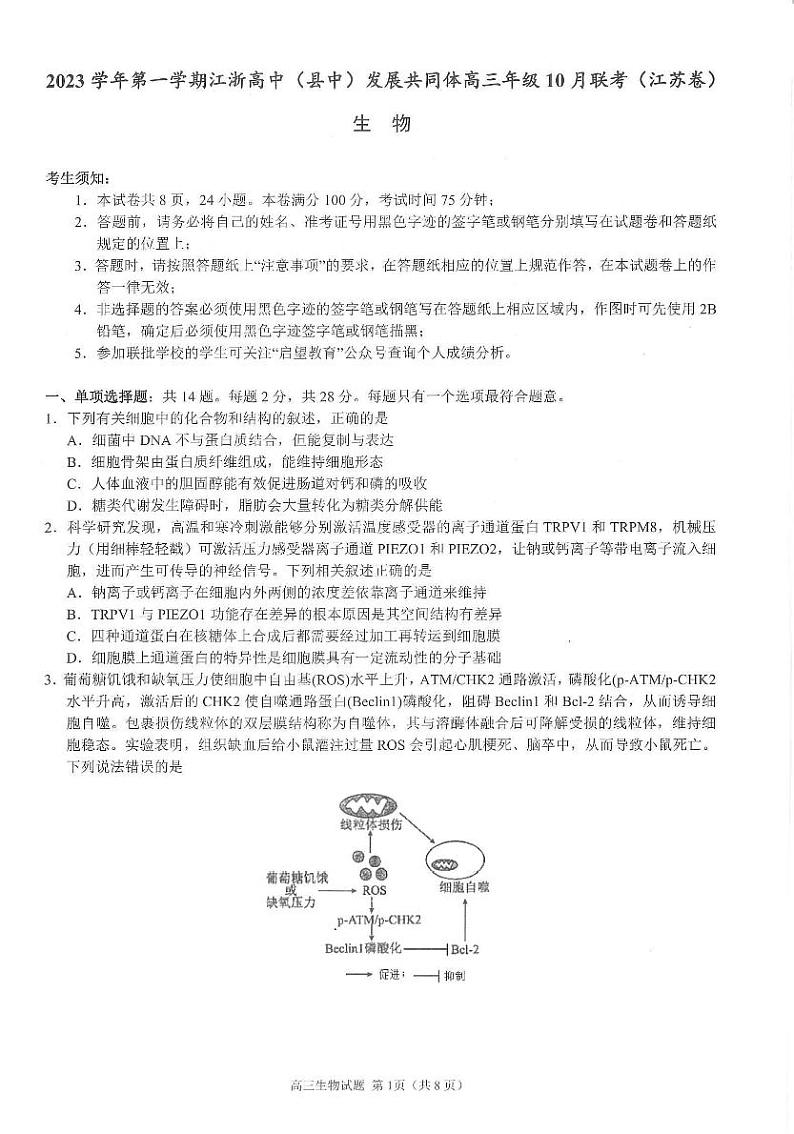 江苏省江浙高中发展共同体2023-2024学年高三上学期10月联考生物第1页