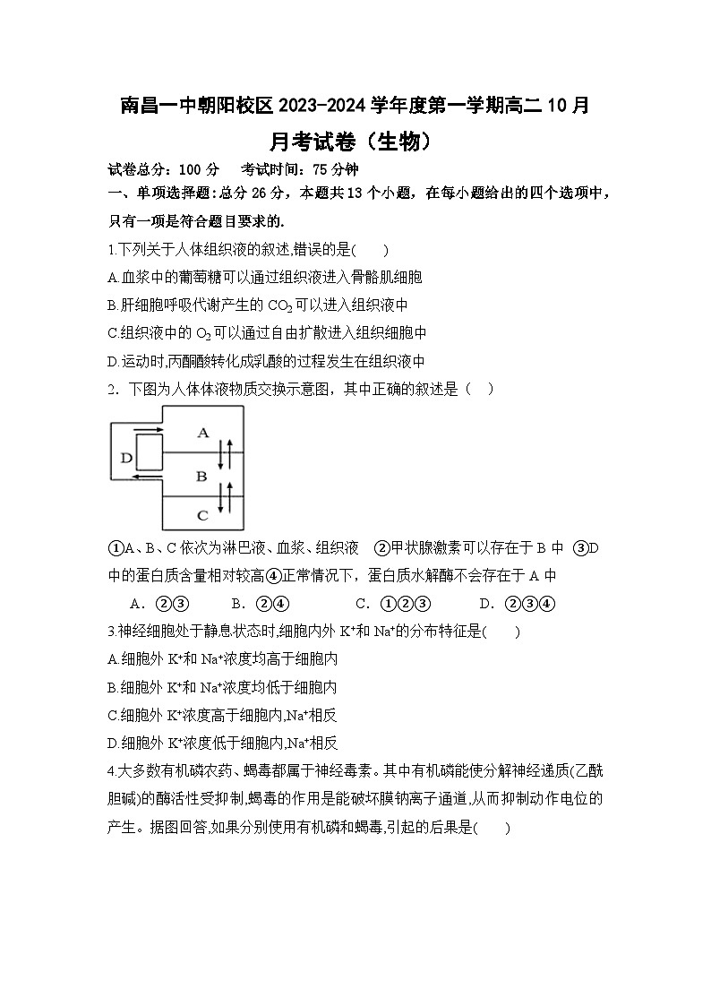 江西省南昌市第一中学2023-2024学年高二上学期10月月考生物试题(月考)01