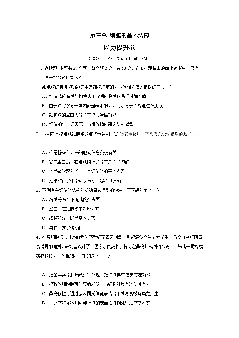 【期中模拟卷】(人教版)2023-2024学年高一上学期生物 必修1 第三章 细胞的基本结构 提升卷.01