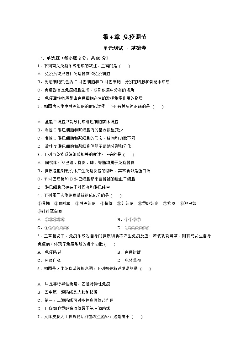 【期中模拟卷】（人教版2019）2023-2024学年高二上学期生物 选择性必修1 第4章免疫调节基础测试卷.zip01