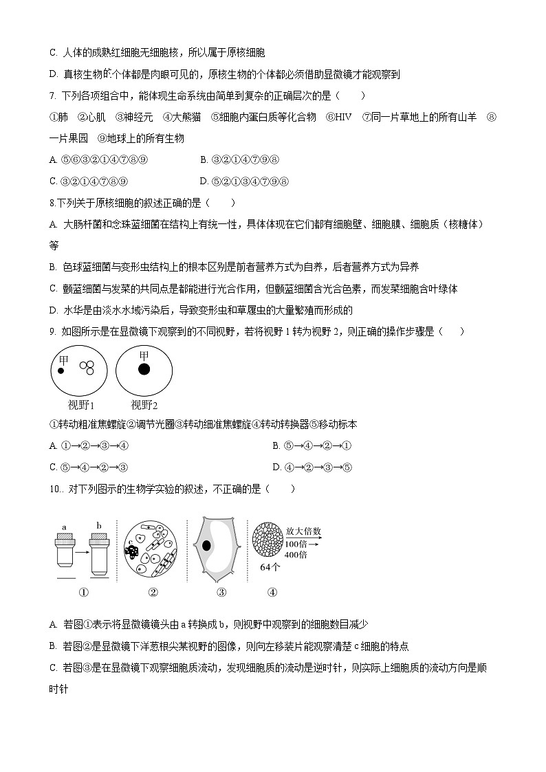 四川省自贡市荣县中学2023-2024学年高一上学期第一次月考生物试题02