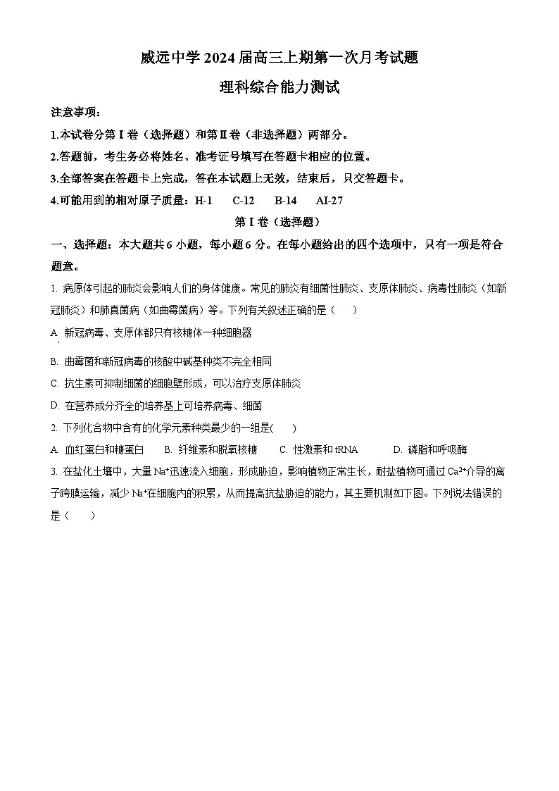四川省内江市威远中学校2023-2024学年高三上学期第一次月考理综生物试题无答案第1页