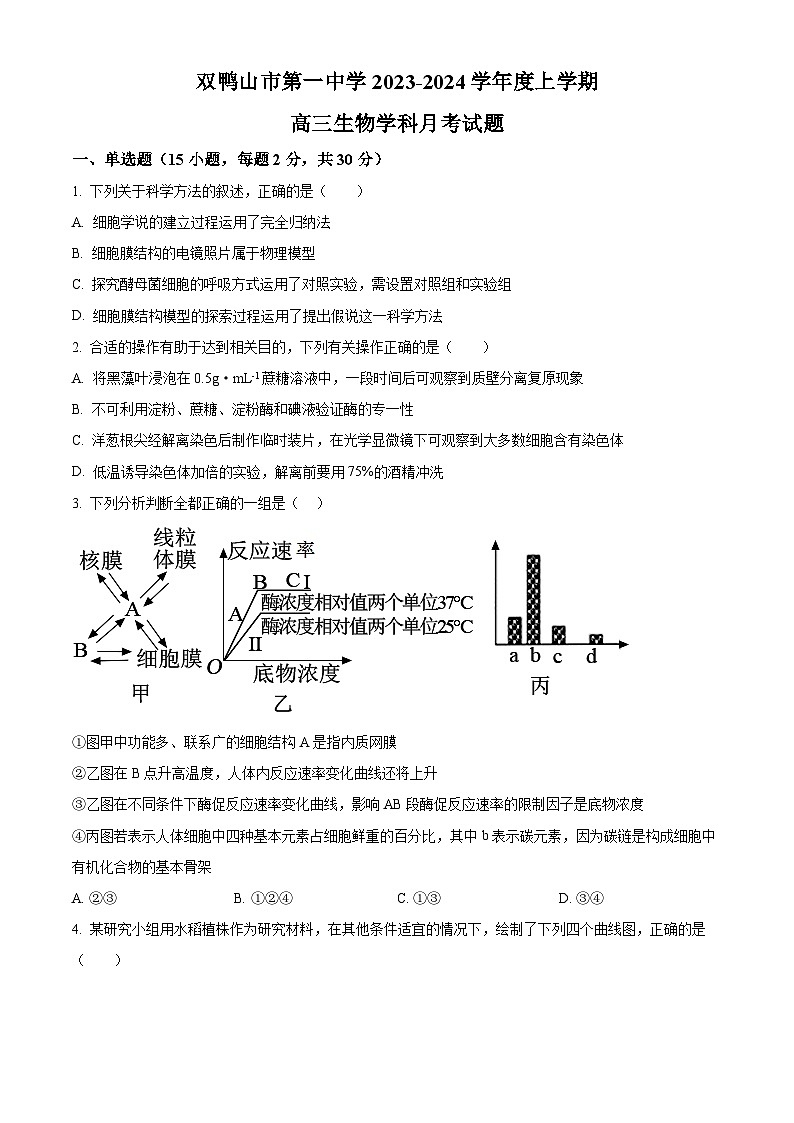 黑龙江省双鸭山市第一中学2023-2024学年高三生物上学期10月月考试题(Word版附解析)第1页