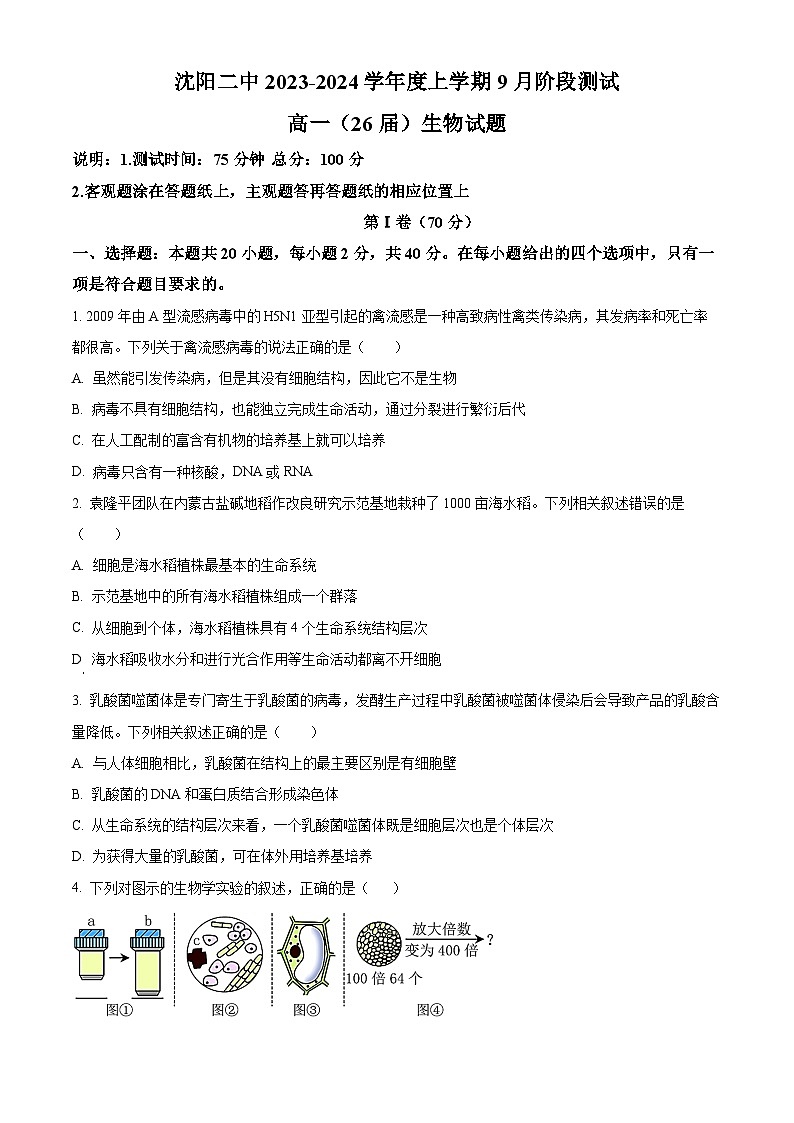 2024沈阳二中高一上学期10月阶段测试生物含解析第1页