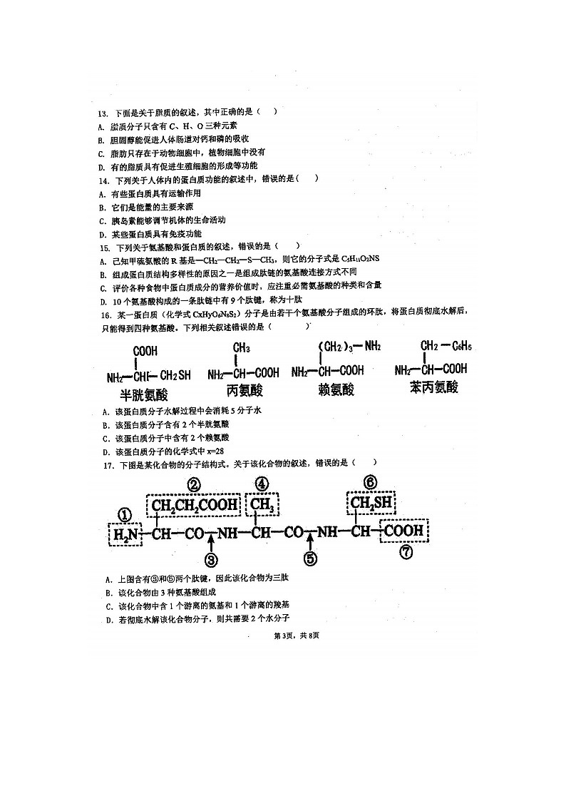 2023届四川省遂宁市绿然国际学校高一上学期生物期中试题第3页