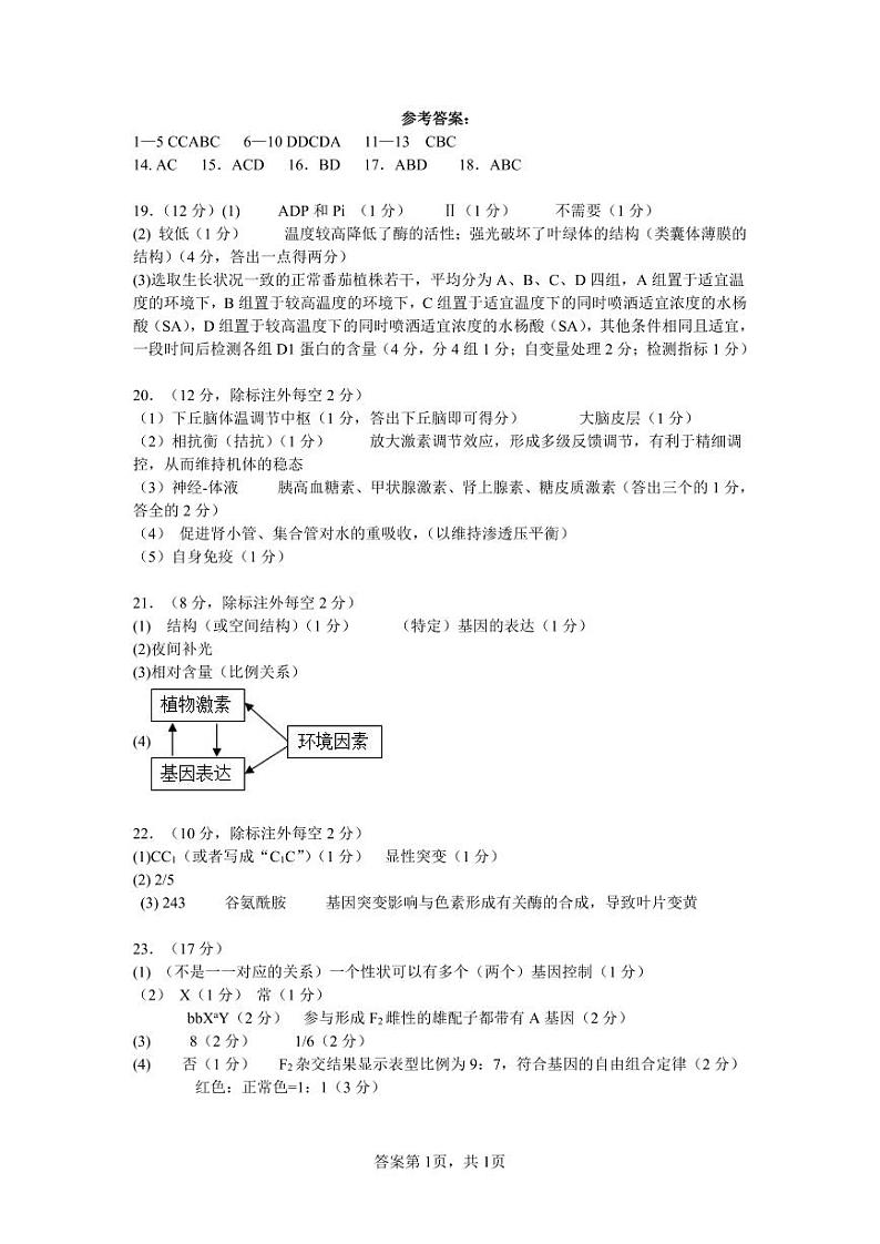 河北省保定市唐县第一中学2024届高三上学期10月月考生物答案第1页