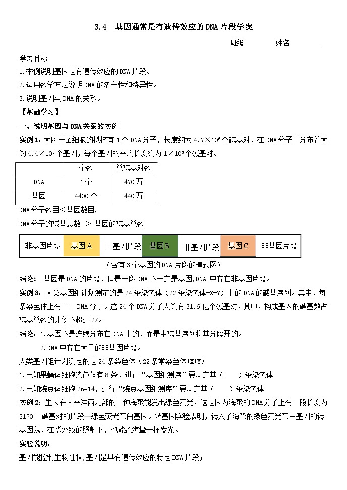 3.4基因通常是有遗传效应的DNA片段导学案 高中生物人教版必修201