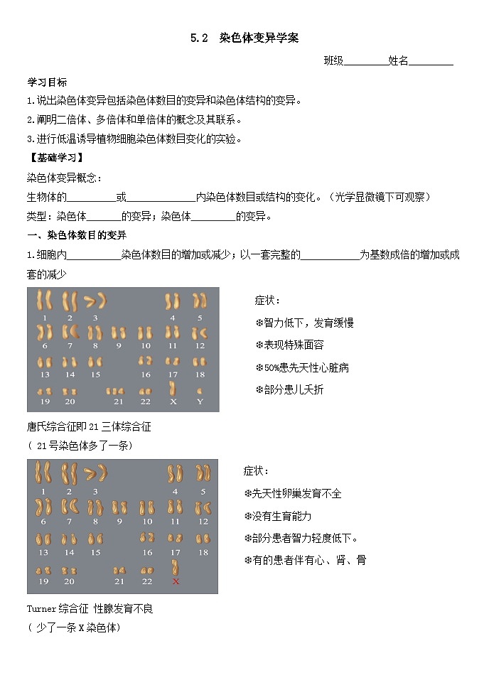5.2染色体变异导学案 高中生物人教版必修201