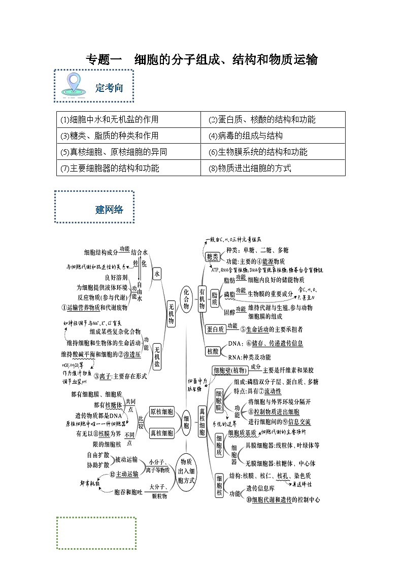 新高考生物二轮复习综合提升训练专题一 细胞的分子组成、结构和物质运输(含解析)第1页