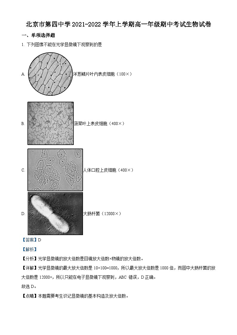 北京市第四中学2021-2022学年高一生物上学期期中试题(Word版附解析)01