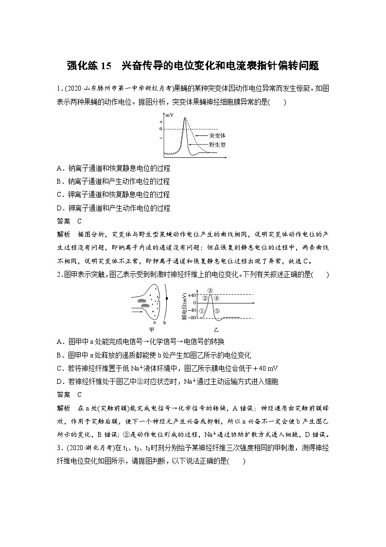新高考生物一轮复习精品学案 第8单元 强化练15 兴奋传导的电位变化和电流表指针偏转问题(含解析)第1页