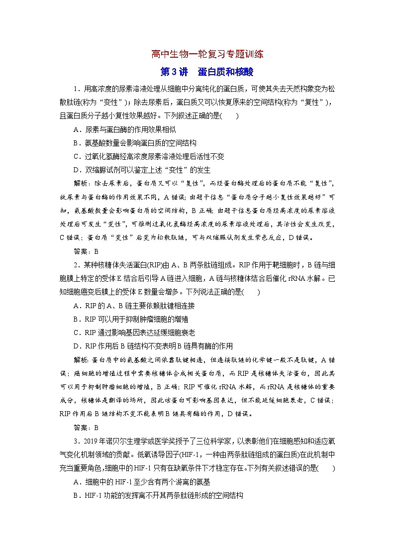 新高考生物一轮复习专题训练:第3讲 蛋白质和核酸(含解析)第1页