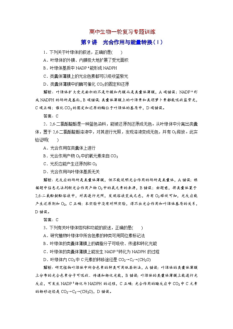 新高考生物一轮复习专题训练:第9讲 光合作用与能量转换(含解析)第1页