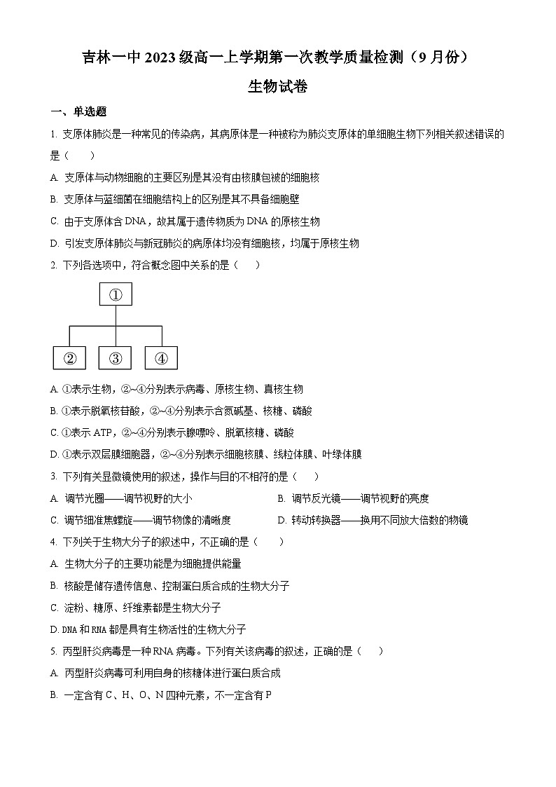 2024一中高一上学期第一次月考试题生物含解析(创新班)第1页