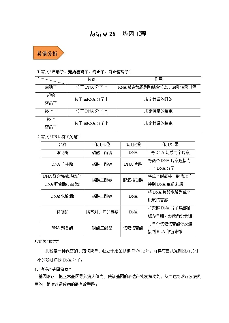 新高考生物二轮复习易错题精选练习易错点28 基因工程(含解析)第1页