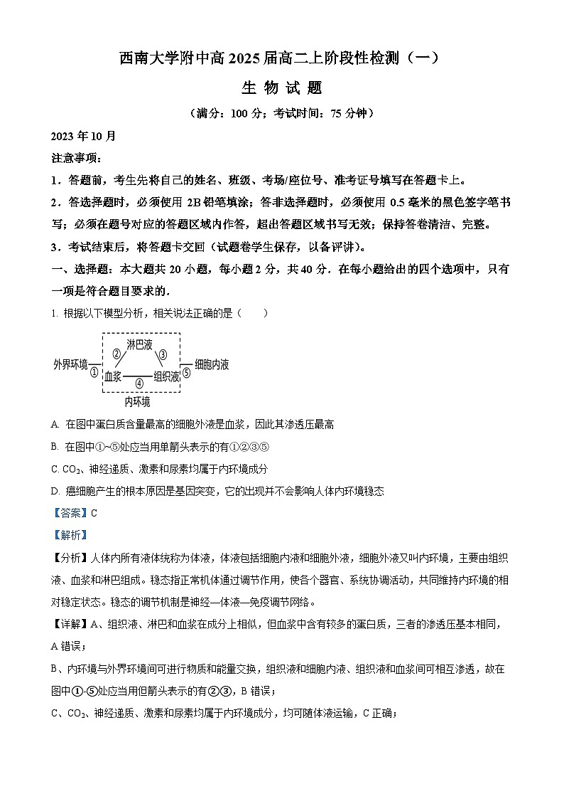 重庆市西南大学附属中学2023-2024学年高二生物上学期10月阶段性检测试题(Word版附解析)01