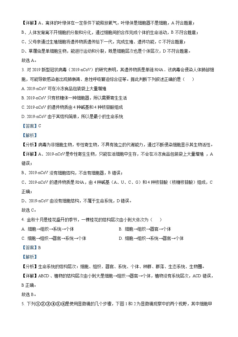 安徽师范大学附属中学2022-2023学年高一生物上学期期中试题(Word版附解析)第2页