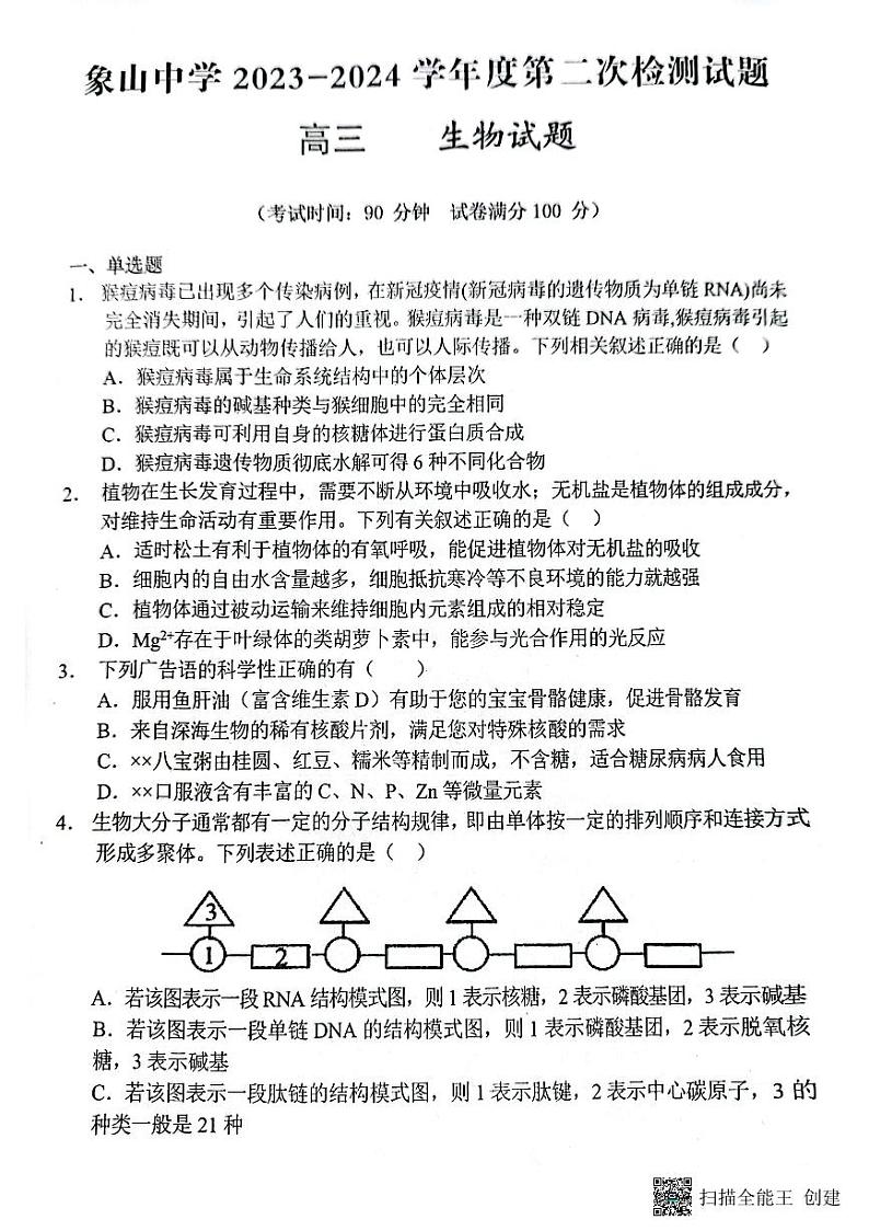 陕西省渭南市韩城市象山中学2023-2024学年高三上学期10月月考生物试题第1页