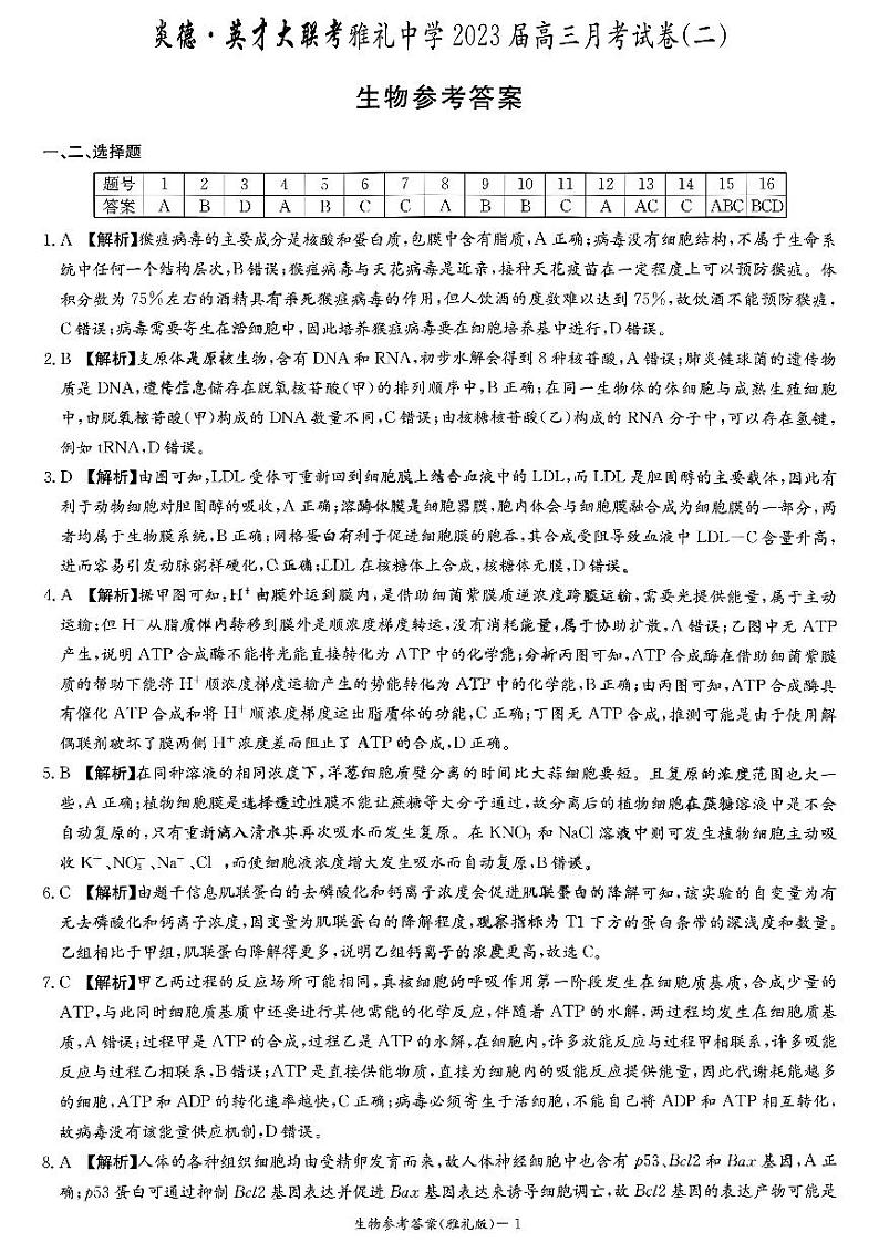 湖南省雅礼中学2023-2024学年高三上学期月考(二)生物答案第1页