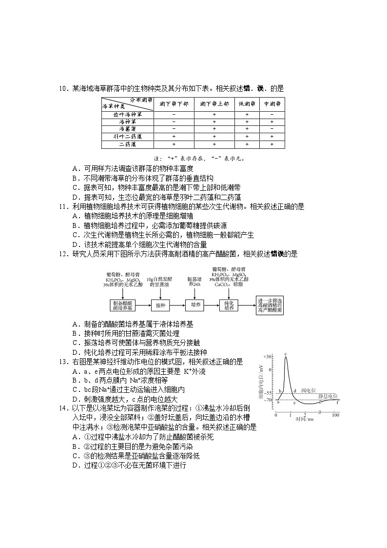 2024南通高三上学期10月月考试题生物含答案03