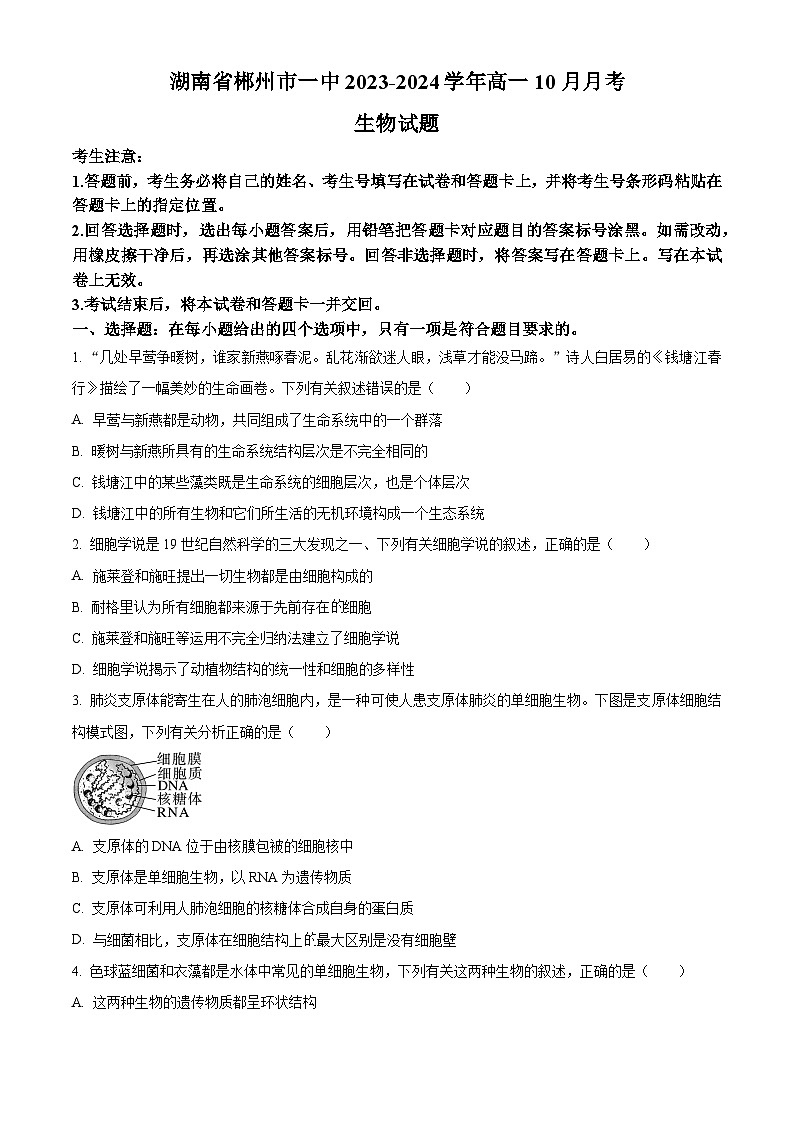 湖南省郴州市一中2023-2024学年高一10月月考生物试题(原卷版)第1页