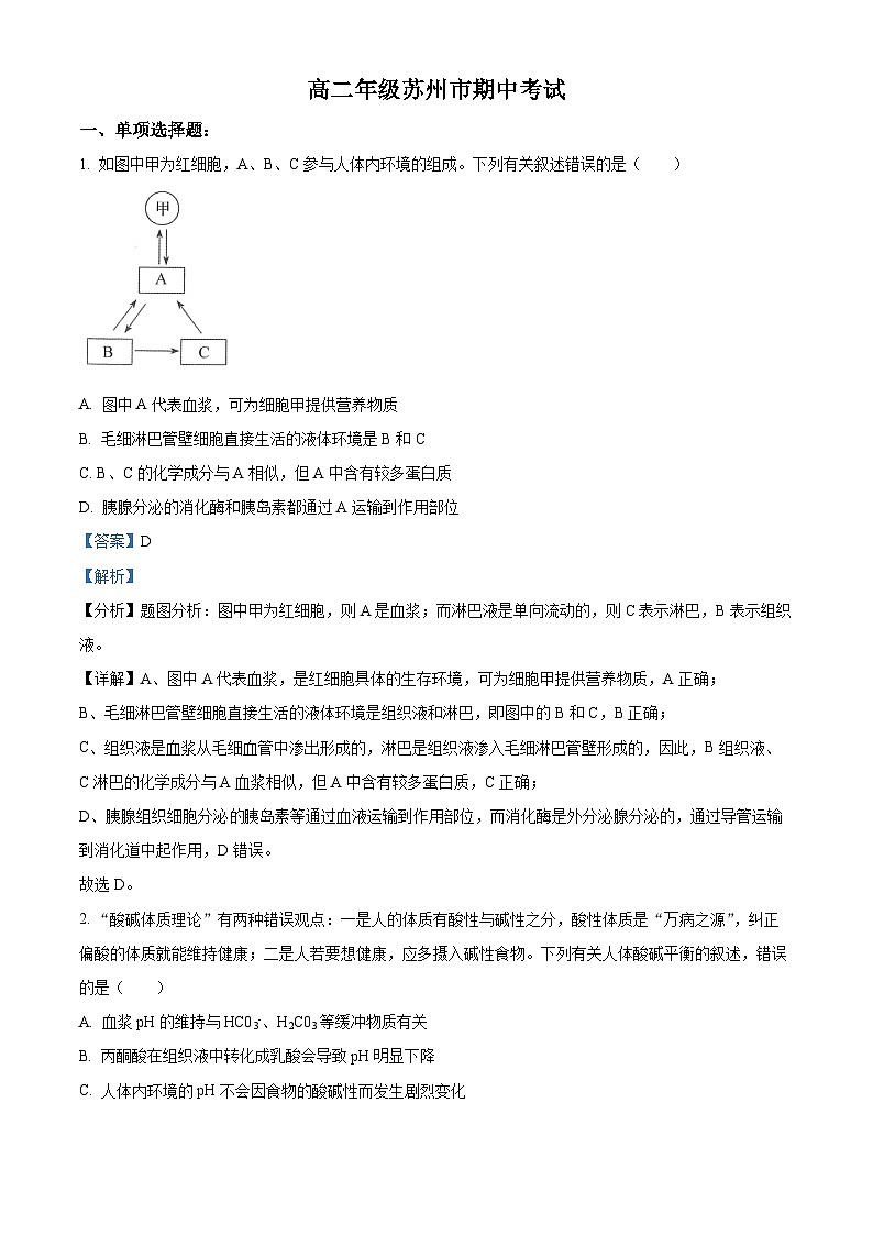 【期中真题】江苏省苏州市2021-2022学年高二上学期期中生物试题(解析版)第1页