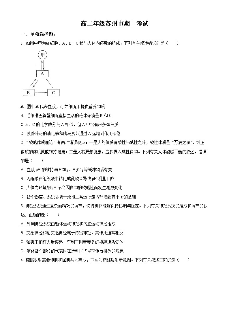 【期中真题】江苏省苏州市2021-2022学年高二上学期期中生物试题(原卷版)第1页