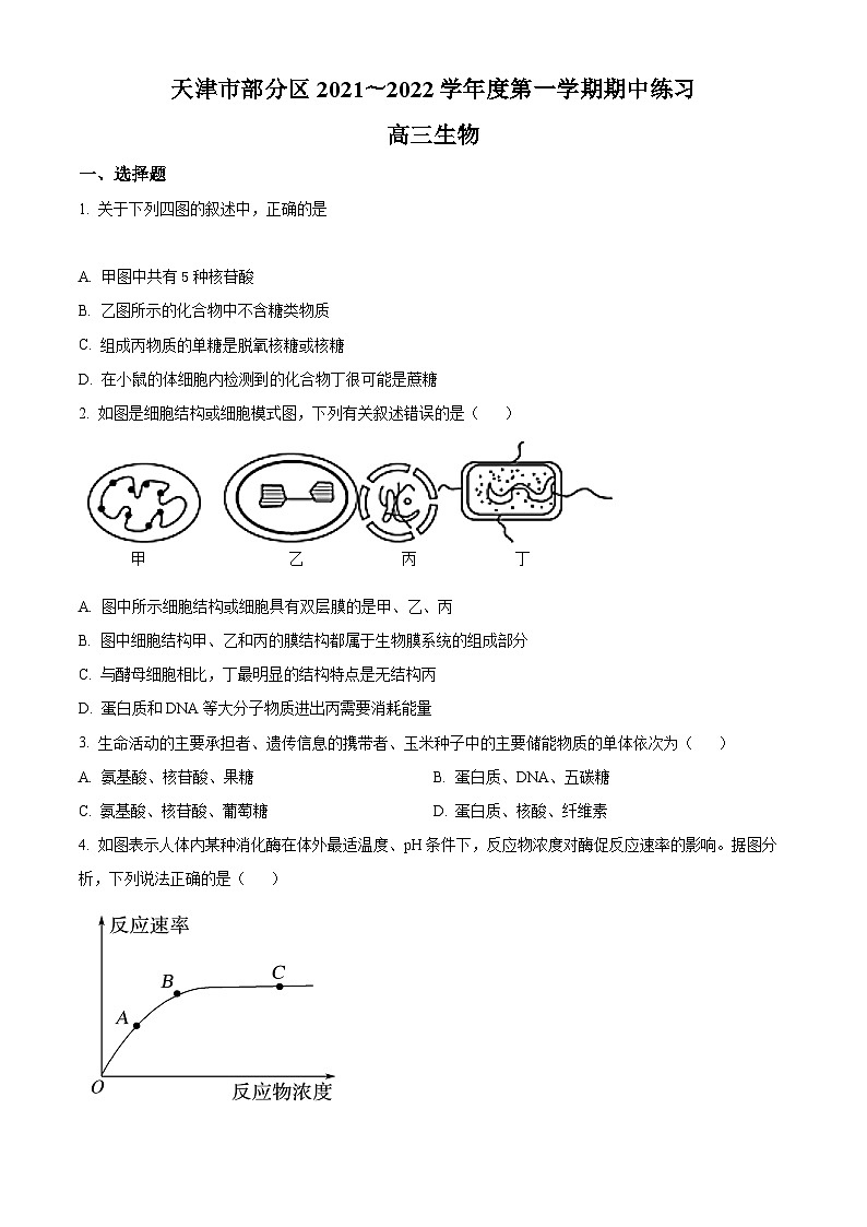 【期中真题】天津市部分区2021-2022学年高三上学期期中练习生物试题(原卷版)第1页