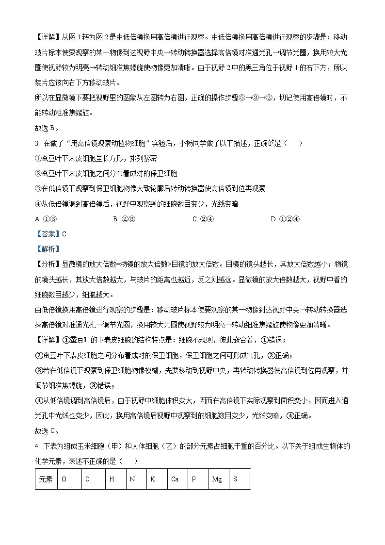 【期中真题】上海市某校2021-2022学年高一上期中生物试题(解析版)第2页
