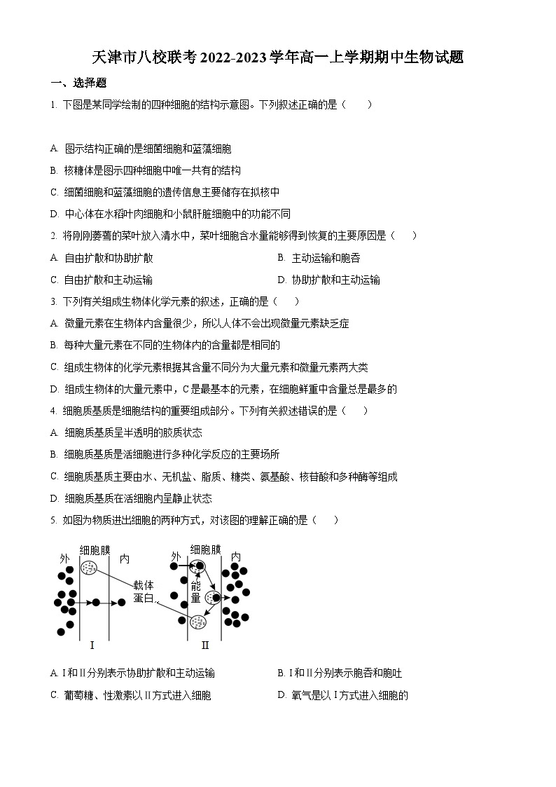 【期中真题】天津市八校联考2022-2023学年高一上学期期中生物试题.zip01