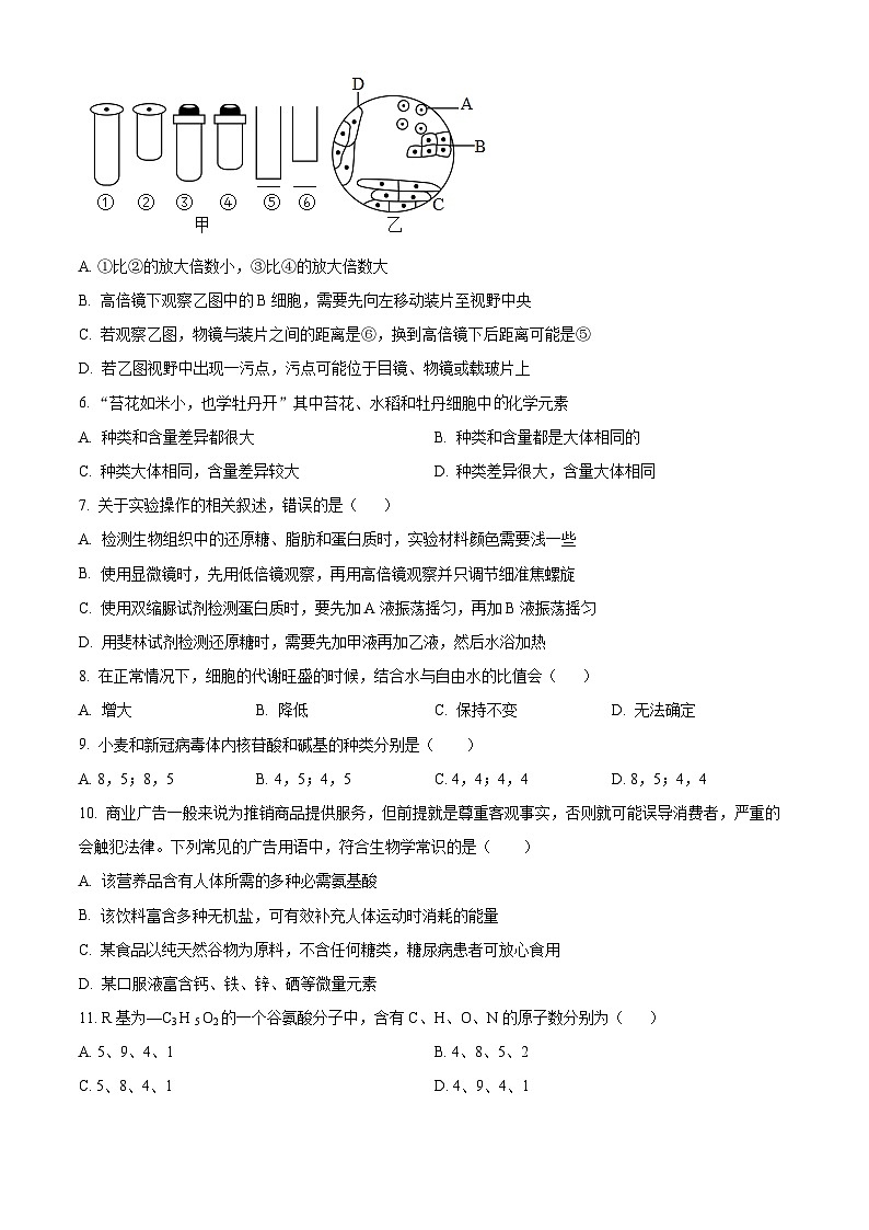 【期中真题】新疆乌鲁木齐市八中高一上学期期中生物试题02