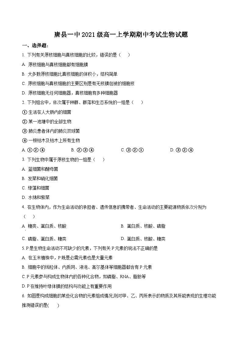 【期中真题】河北省保定市唐县一中高一上学期期中生物试题01