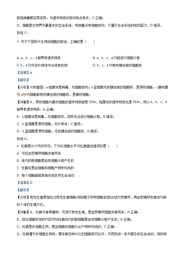 【期中真题】湖南省长沙市雅礼中学高一上学期期中生物试题02