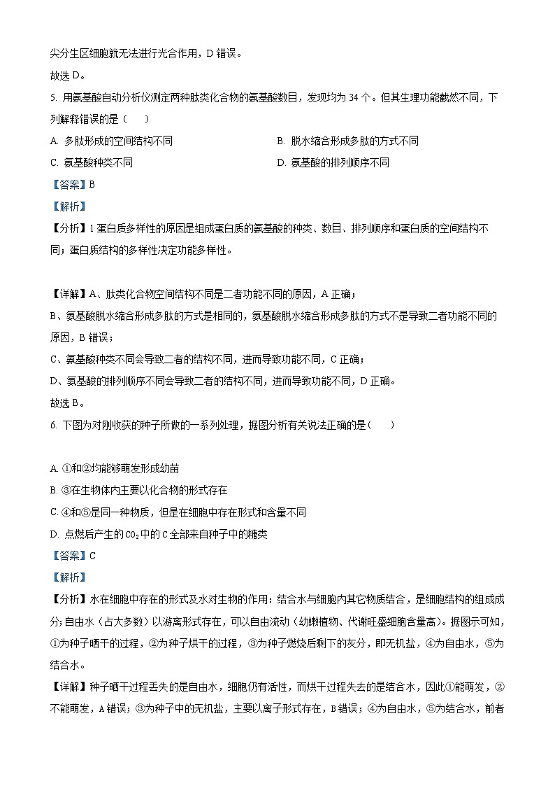 【期中真题】湖南省长沙市雅礼中学高一上学期期中生物试题03