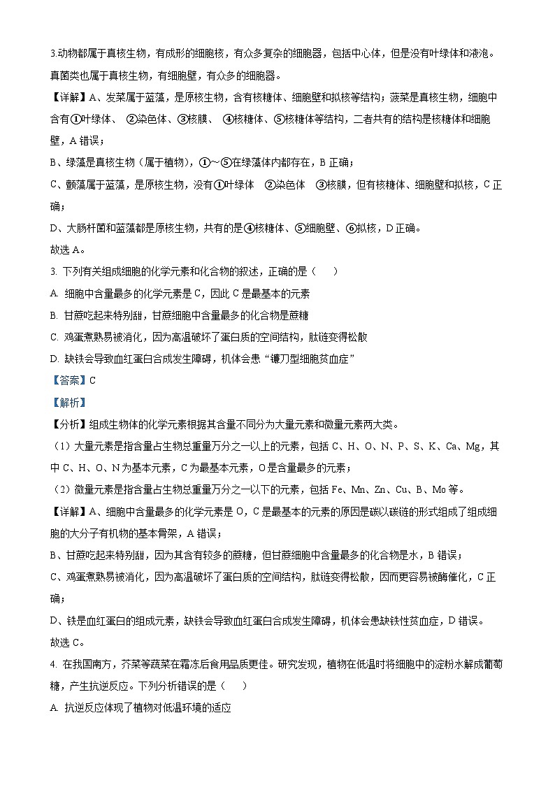 【期中真题】福建省厦门市双十中学高一上学期期中生物试题02