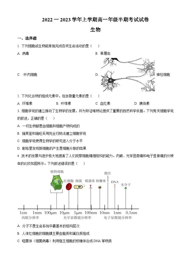 【期中真题】贵州省遵义市2022-2023学年高一上学期期中生物试题.zip01