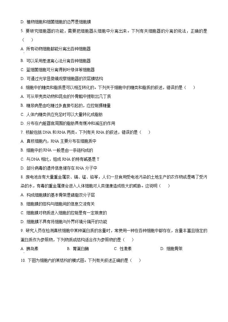 【期中真题】贵州省遵义市高一上学期期中生物试题02