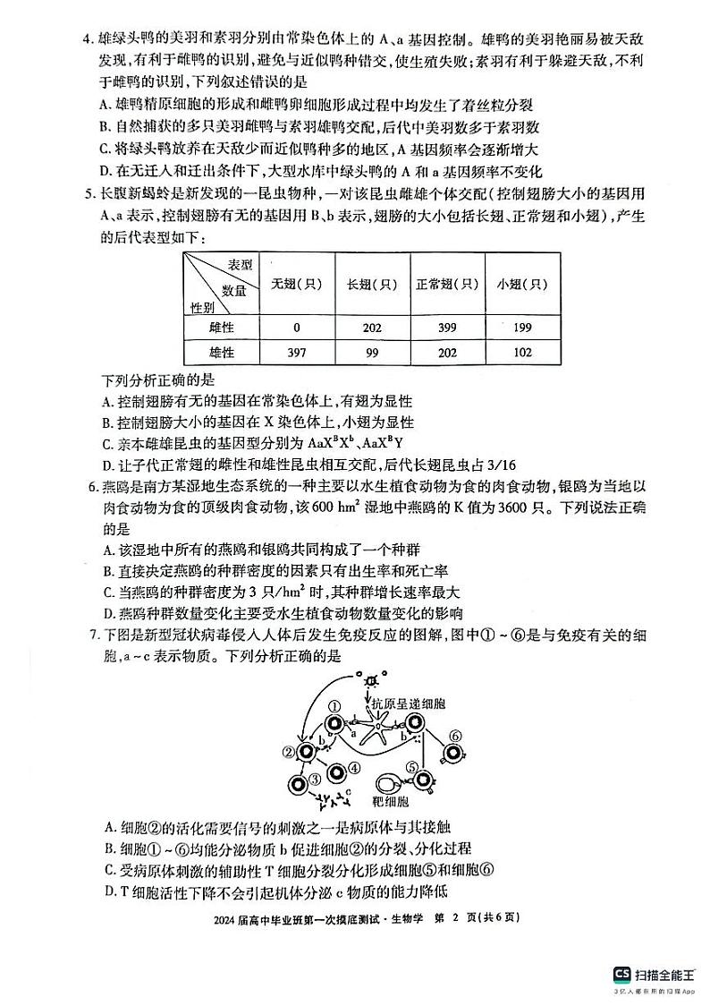 广西名校2024届高三高中毕业班第一次摸底测试生物02