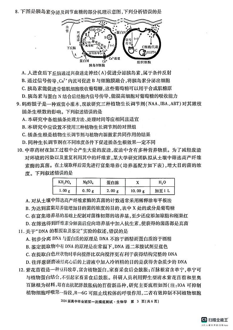 广西名校2024届高三高中毕业班第一次摸底测试生物03